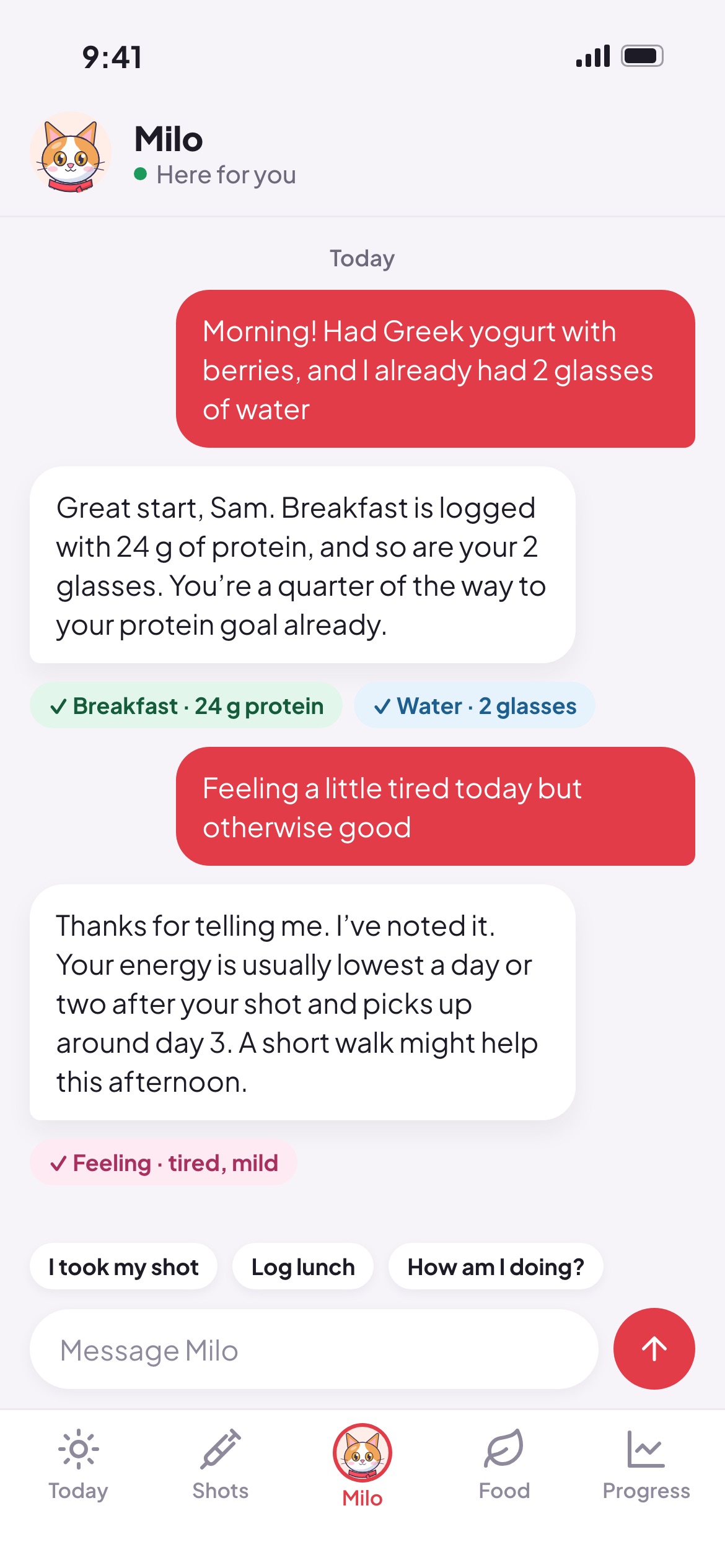 Chatting with Milo: breakfast and water logged from one message